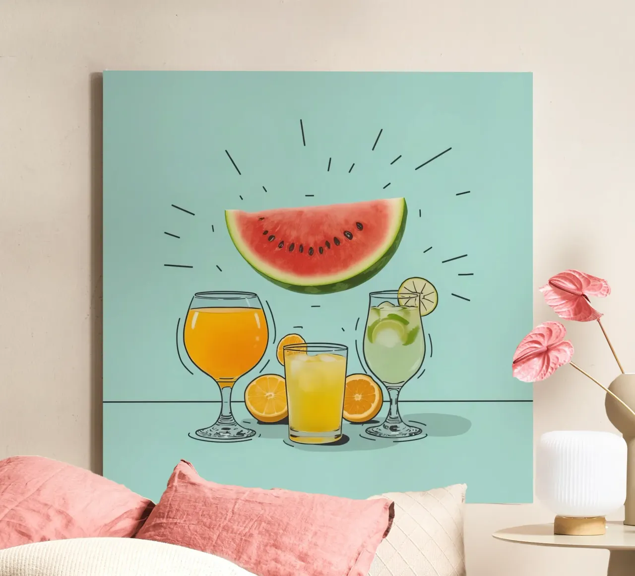 Illustration of Drinks and Fruit on Pale Blue Background canvas with Floater frame by DesignDoodle