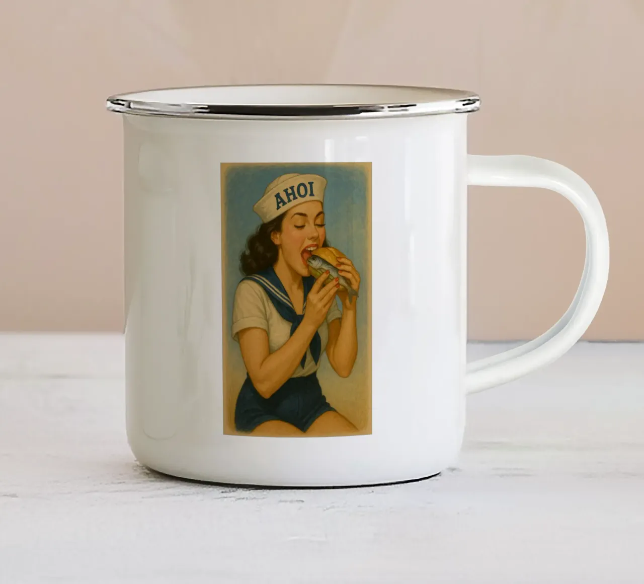 Vintage matroos met vissandwich - retro pin-up ontwerp emaille mok van Fies&Fein
