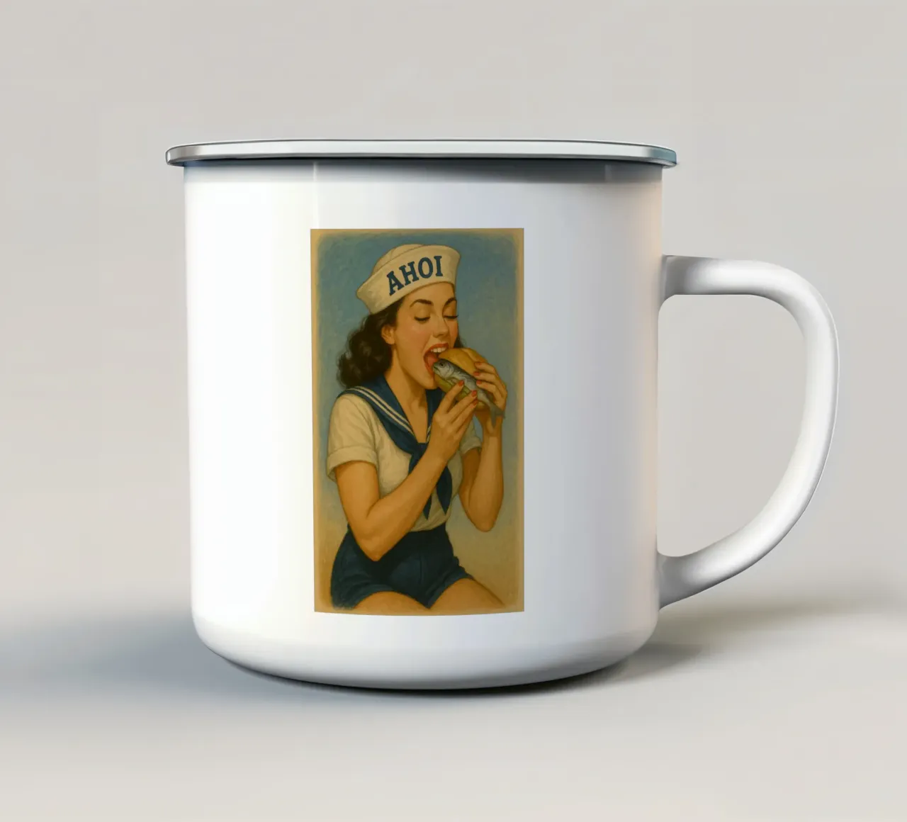 Vintage matroos met vissandwich - retro pin-up ontwerp emaille mok van Fies&Fein