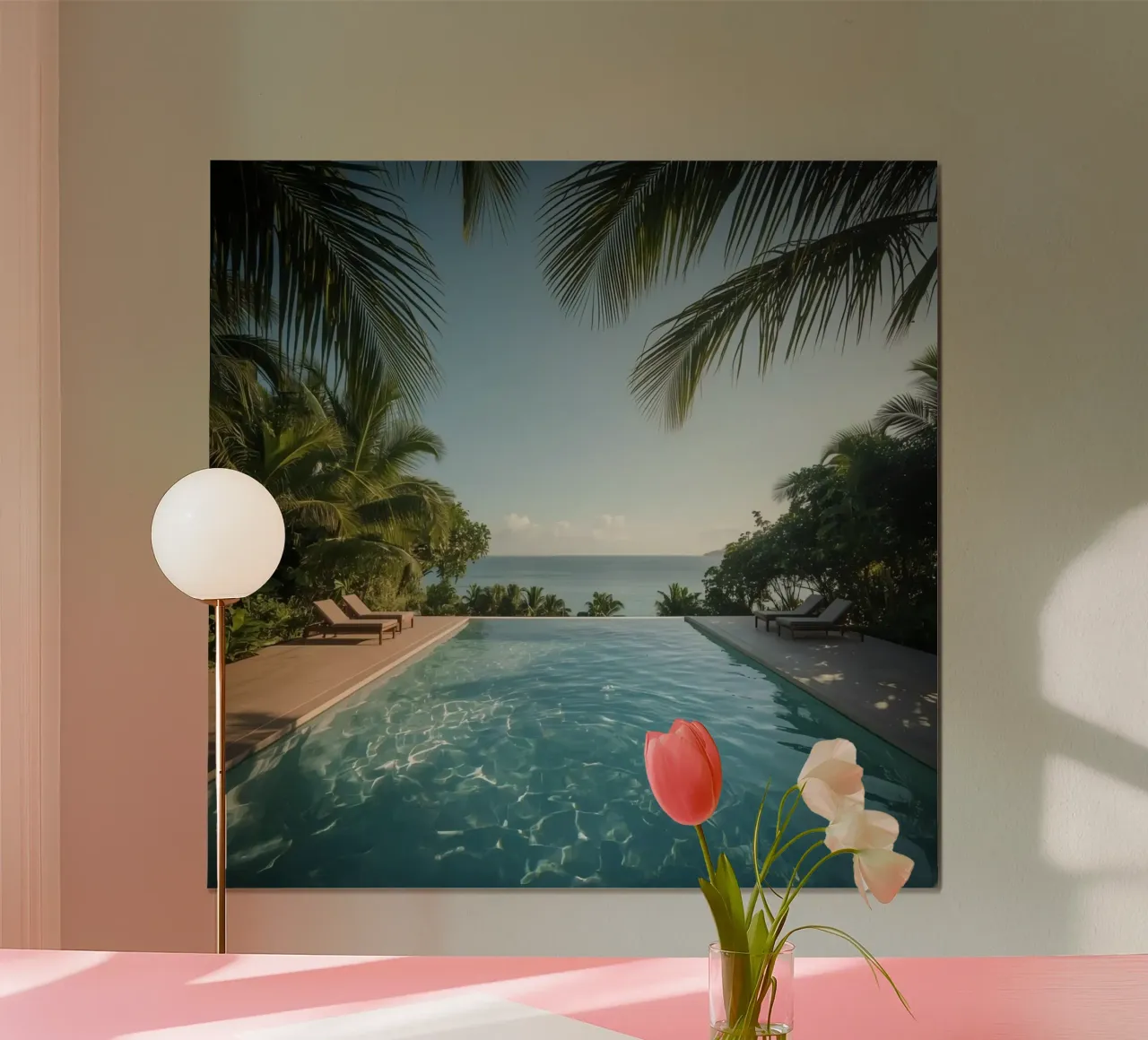 Infinity-Pool mit Blick auf das Meer mit Liegestühlen und Palmen Poster von DesignDoodle