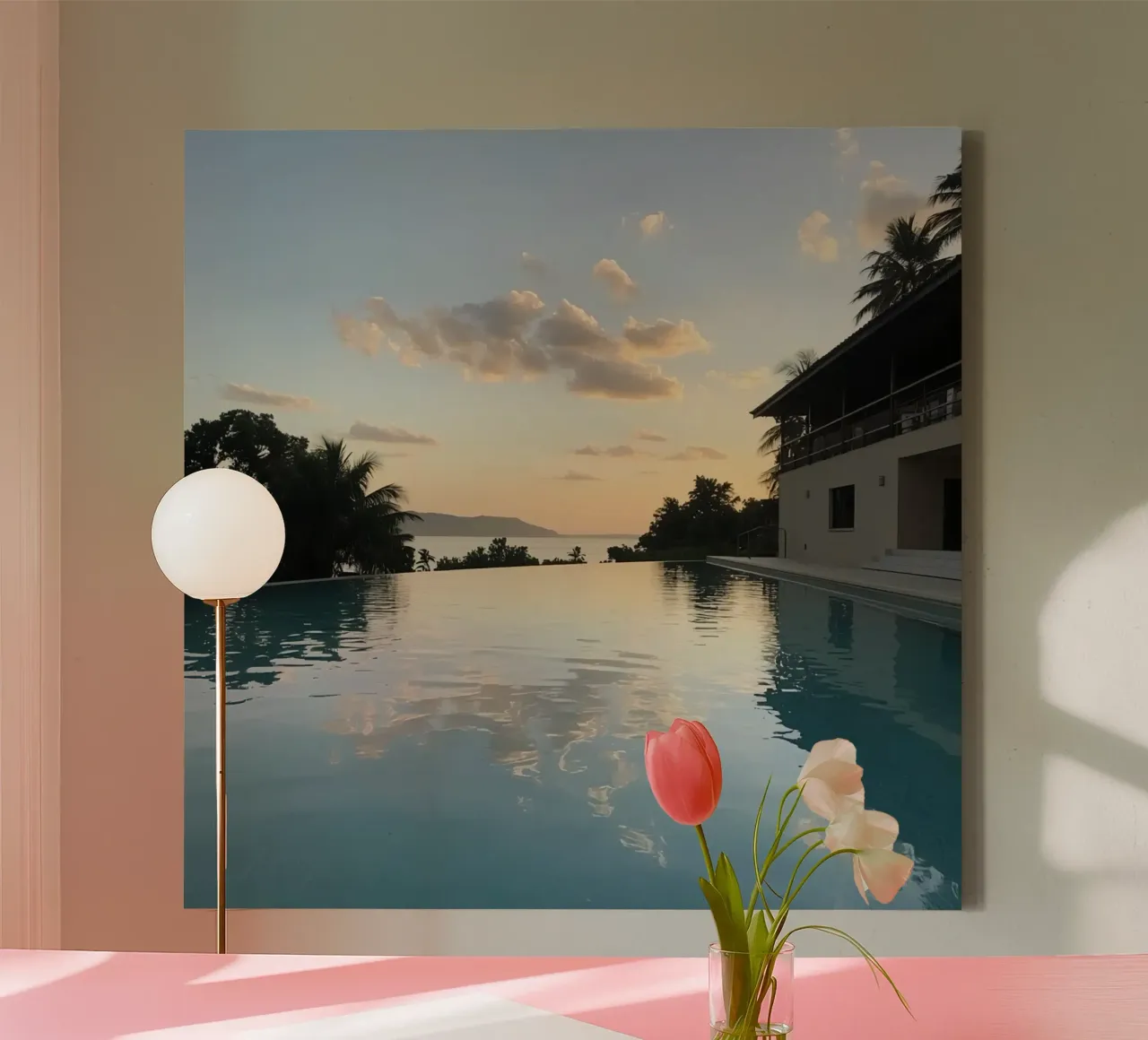 Infinity Pool View with Ocean Building and Sunset canvas with Floater frame by DesignDoodle