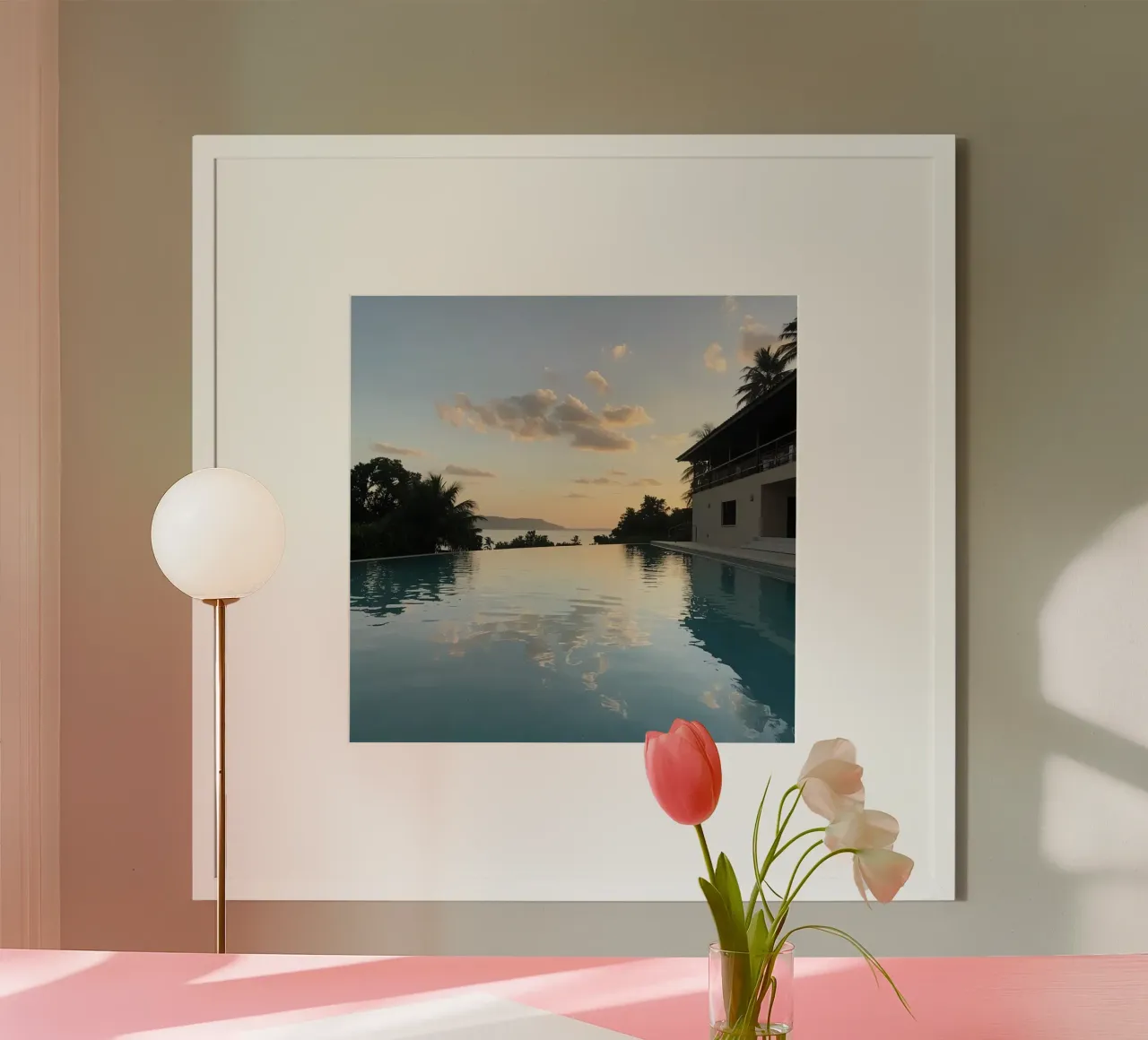 Infinity Pool View with Ocean Building and Sunset poster by DesignDoodle