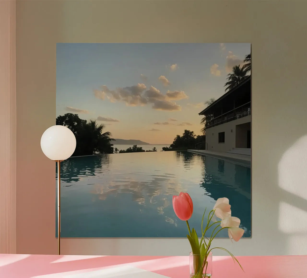 Infinity Pool View with Ocean Building and Sunset poster by DesignDoodle