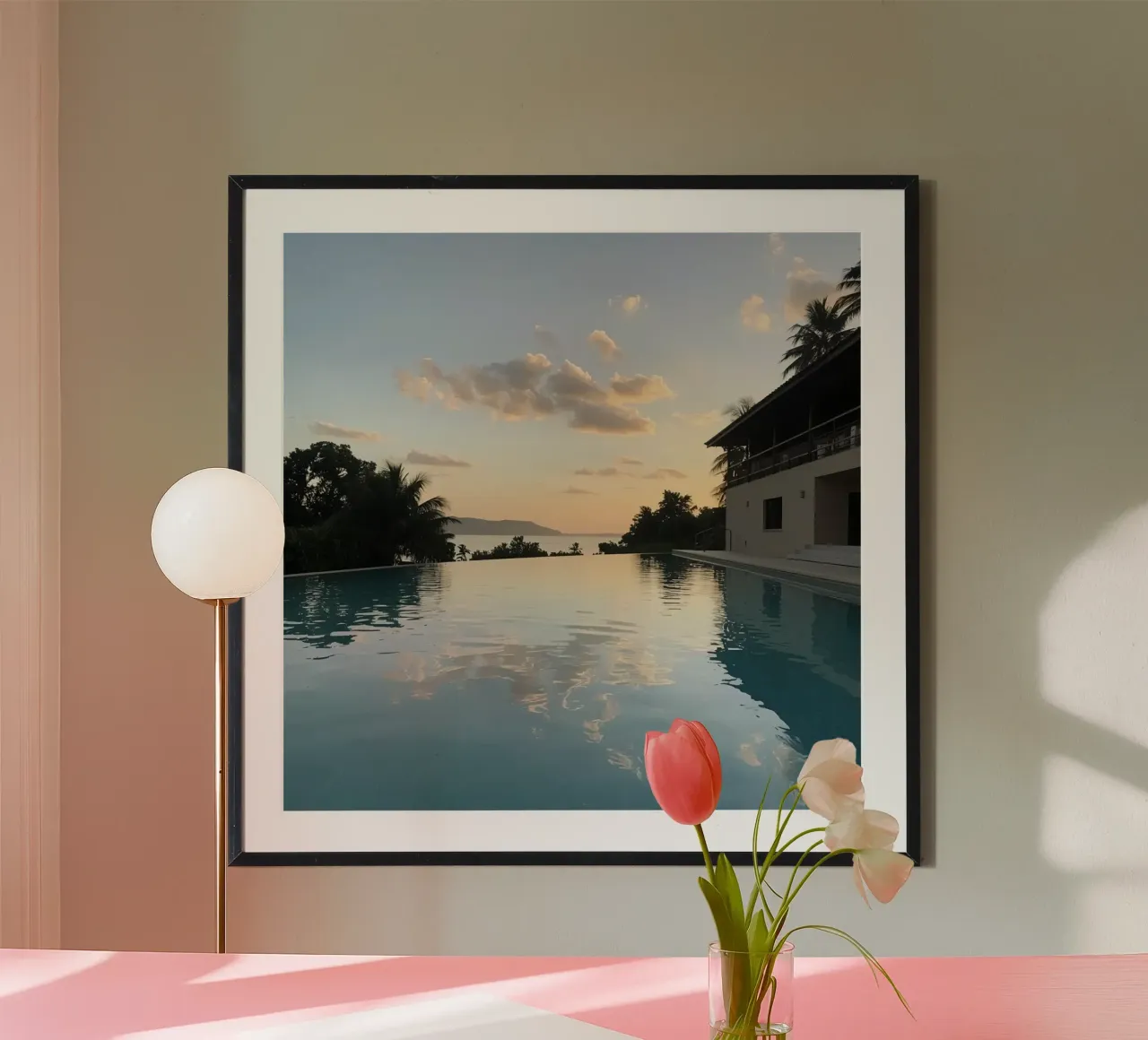 Infinity Pool View with Ocean Building and Sunset poster by DesignDoodle