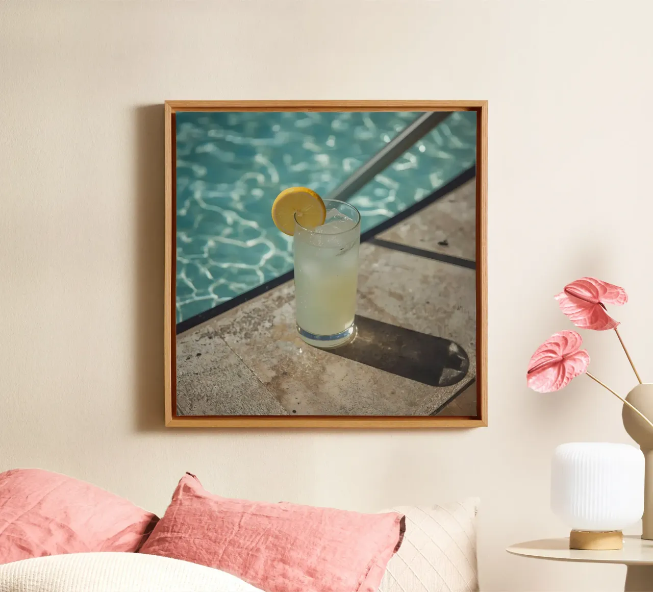 Lemonade with Ice near Swimming Pool canvas with Floater frame by DesignDoodle