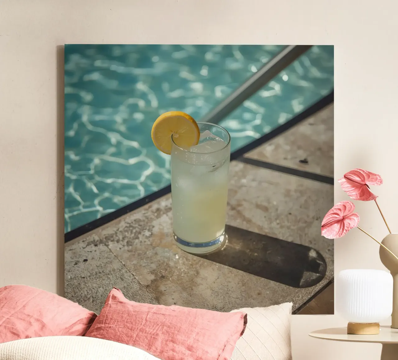 Lemonade with Ice near Swimming Pool canvas with Floater frame by DesignDoodle