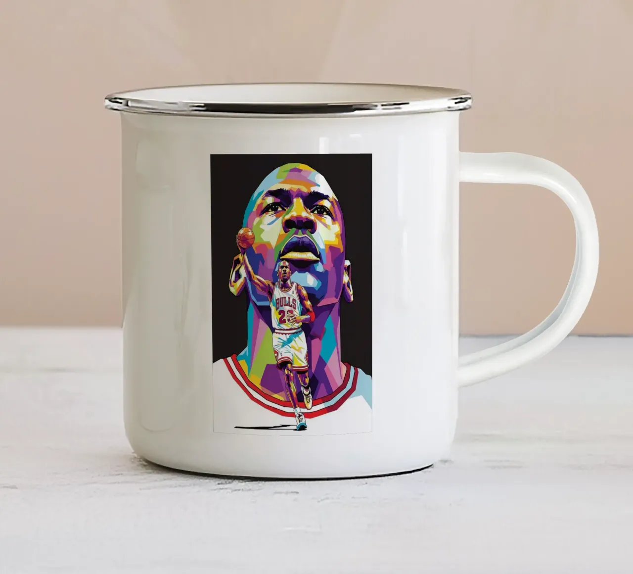 Michael Jordan, ritratto pop art colorato tazza in smalto da Hantamrata