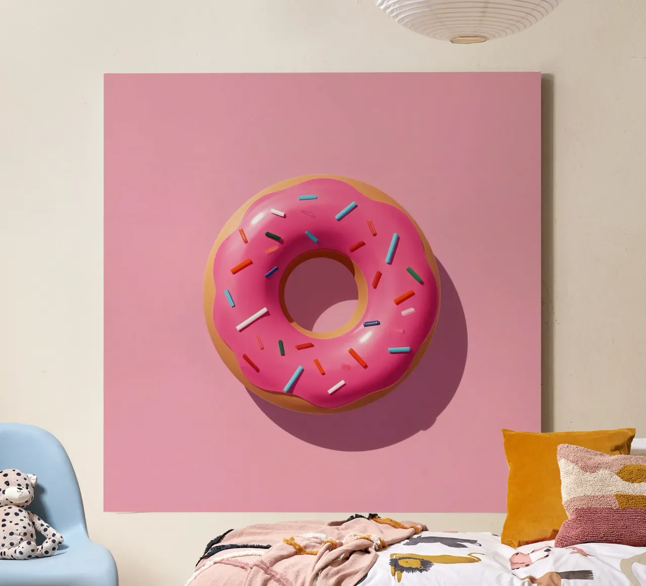 Overhead View of Pink Frosted Donut with Sprinkles canvas with Floater frame by DesignDoodle