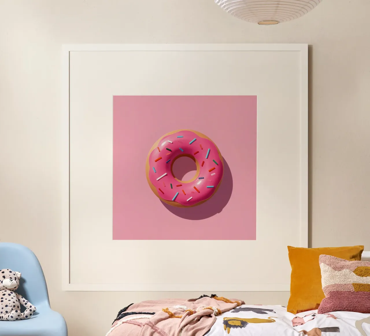 Overhead View of Pink Frosted Donut with Sprinkles poster by DesignDoodle
