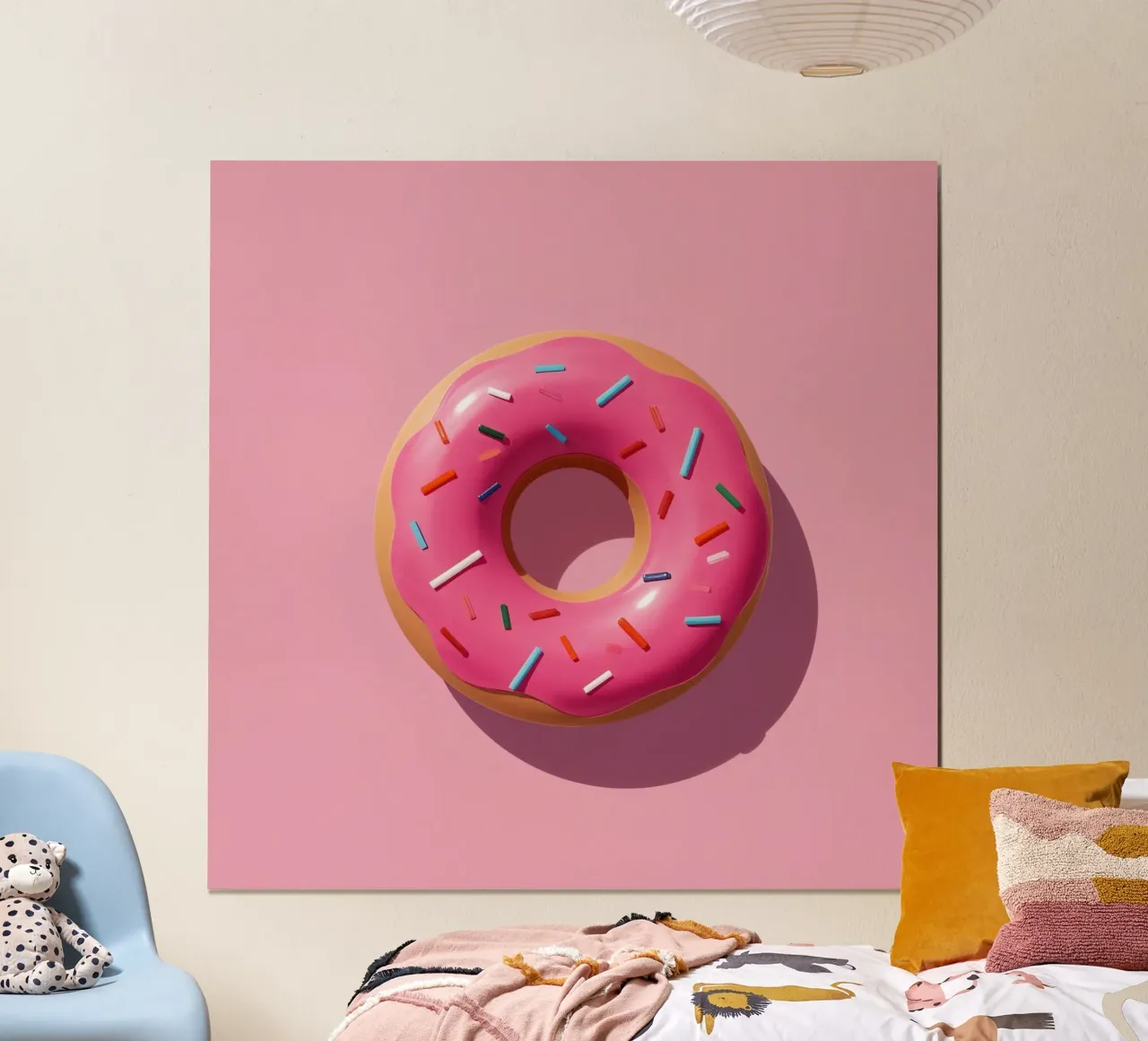 Overhead View of Pink Frosted Donut with Sprinkles poster by DesignDoodle