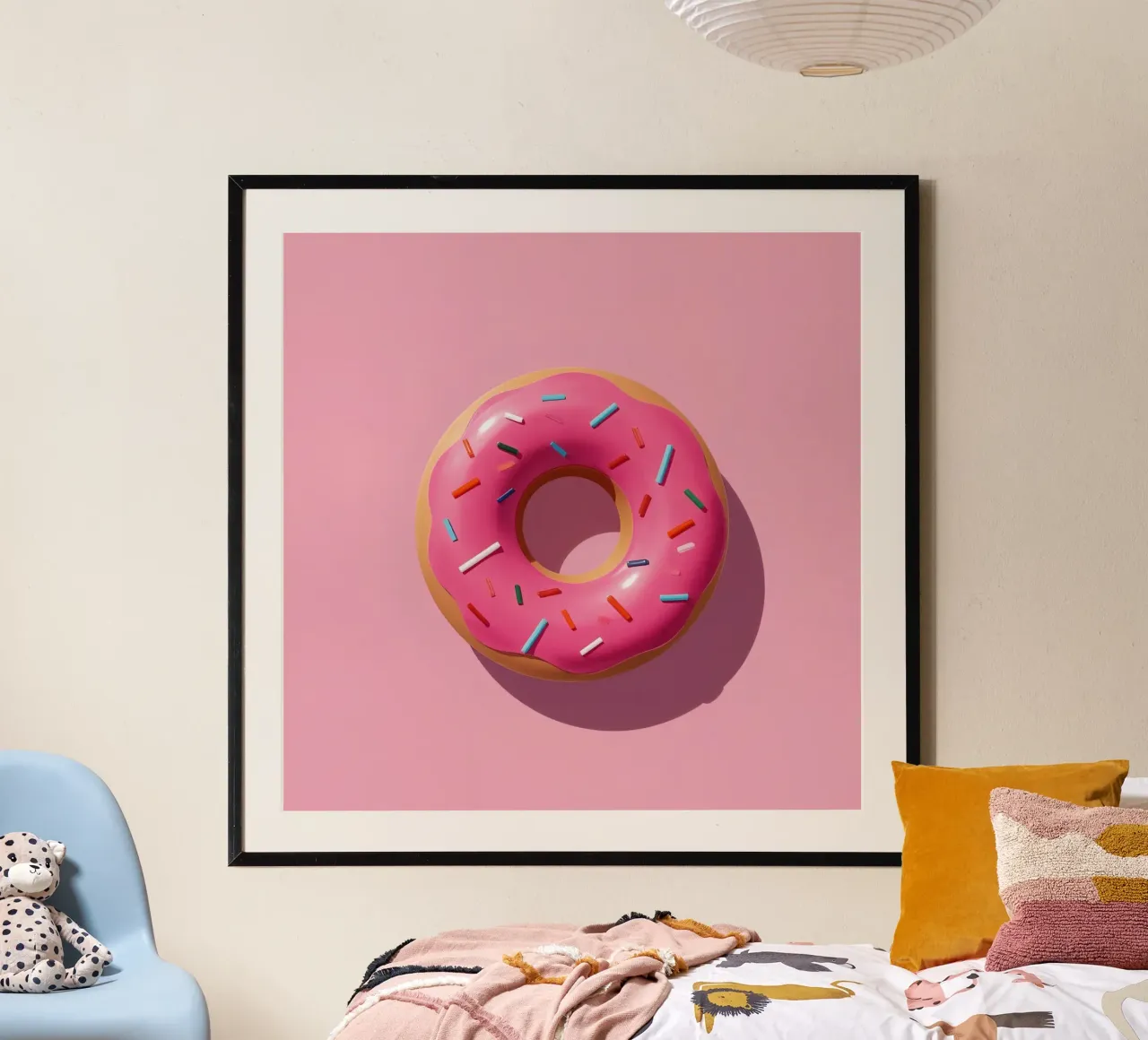 Overhead View of Pink Frosted Donut with Sprinkles poster by DesignDoodle