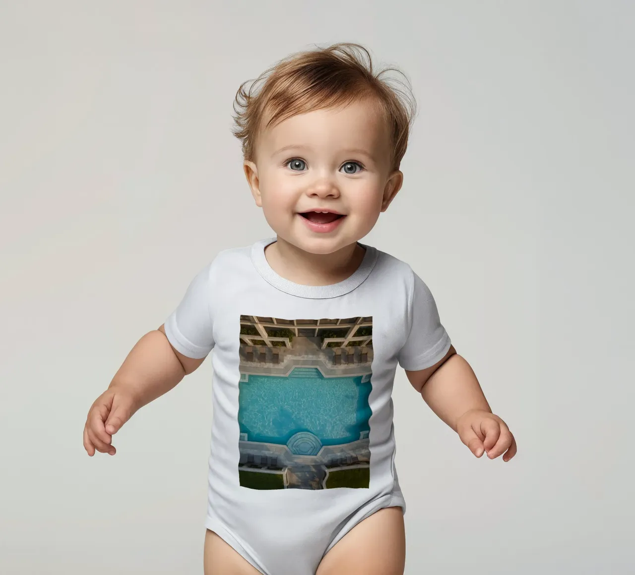 Overhead View of Rectangular Swimming Pool and Patio short-sleeve baby romper by DesignDoodle