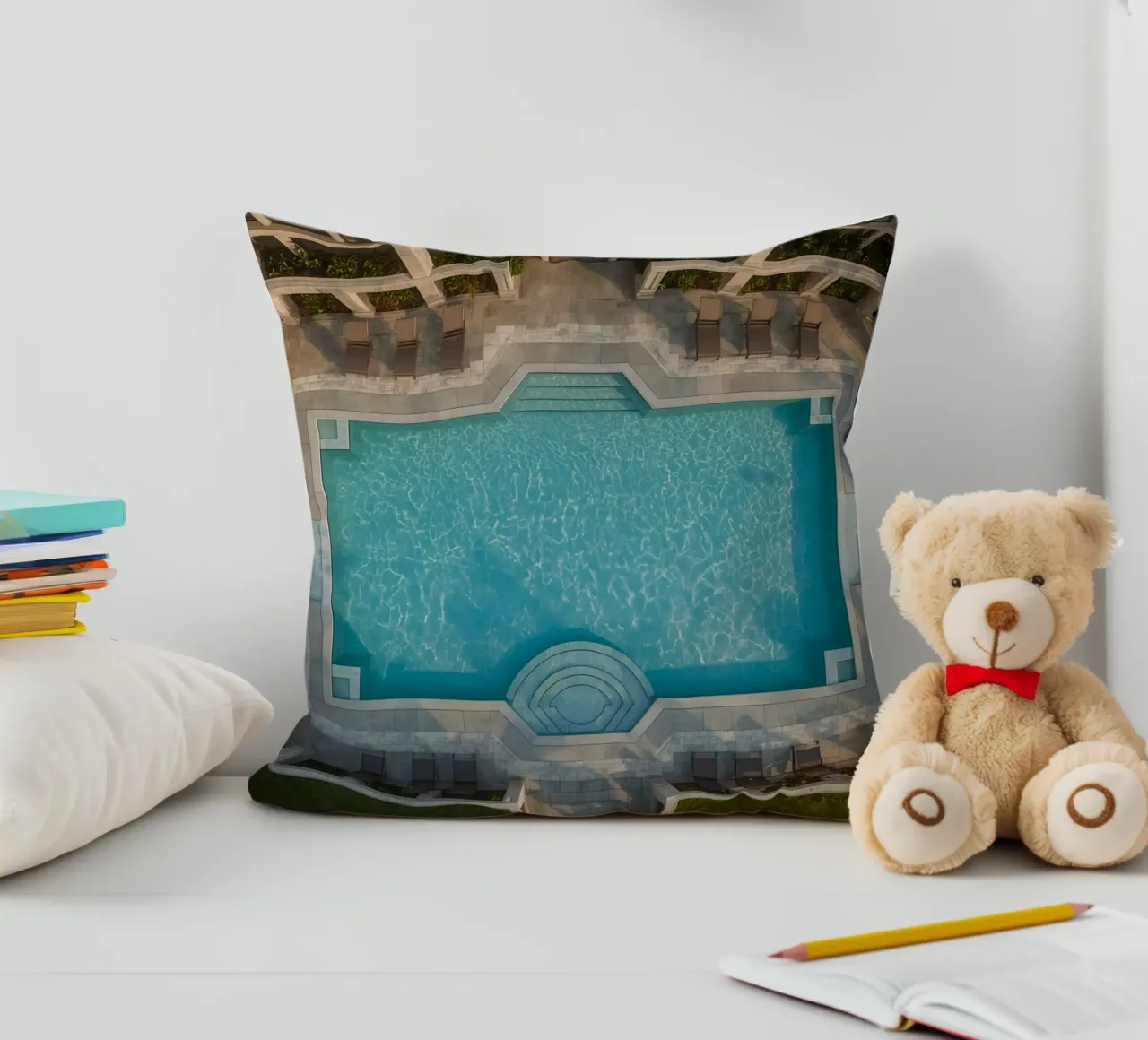 Overhead View of Rectangular Swimming Pool and Patio decorative cushion by DesignDoodle
