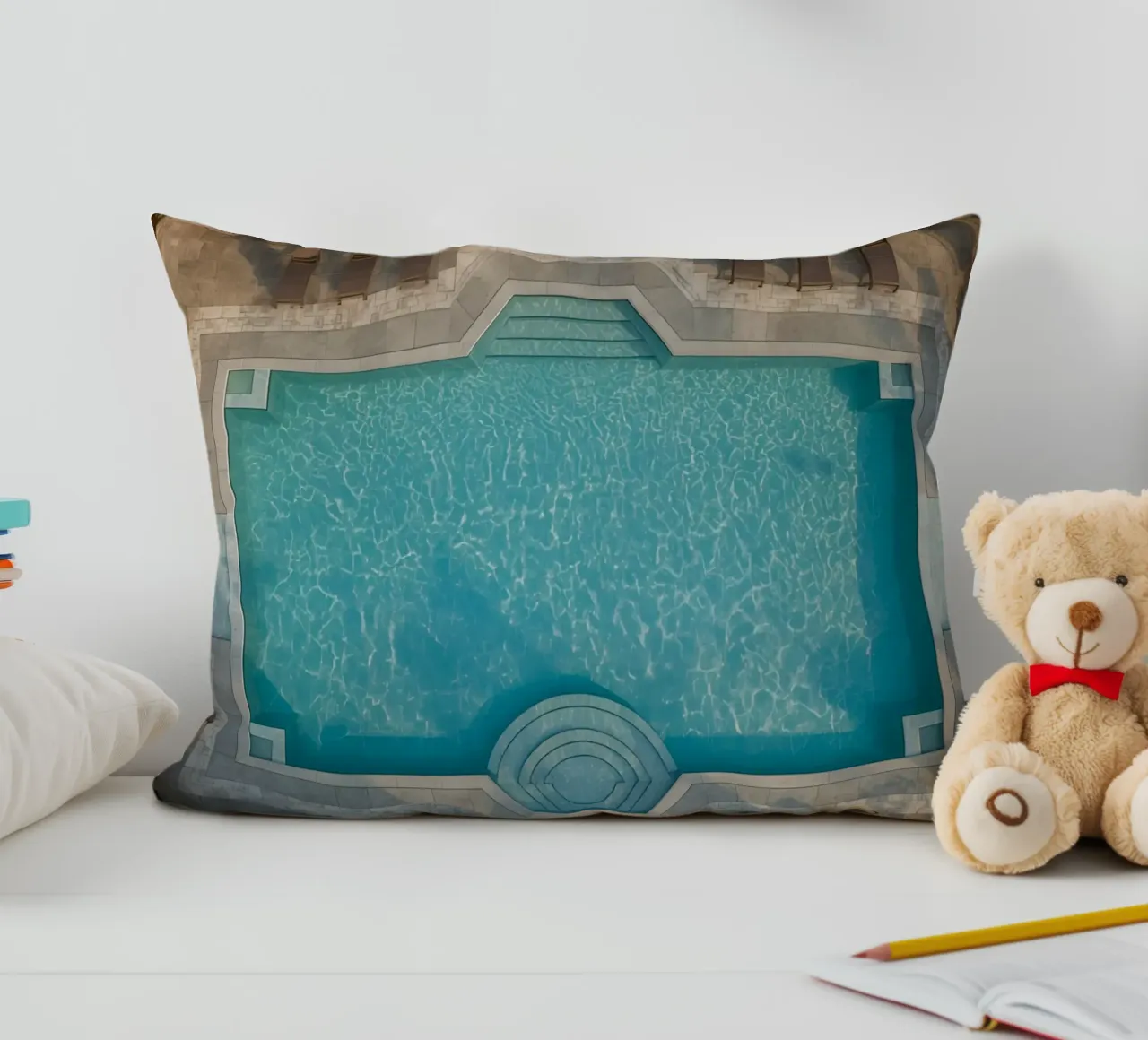 Overhead View of Rectangular Swimming Pool and Patio decorative cushion by DesignDoodle