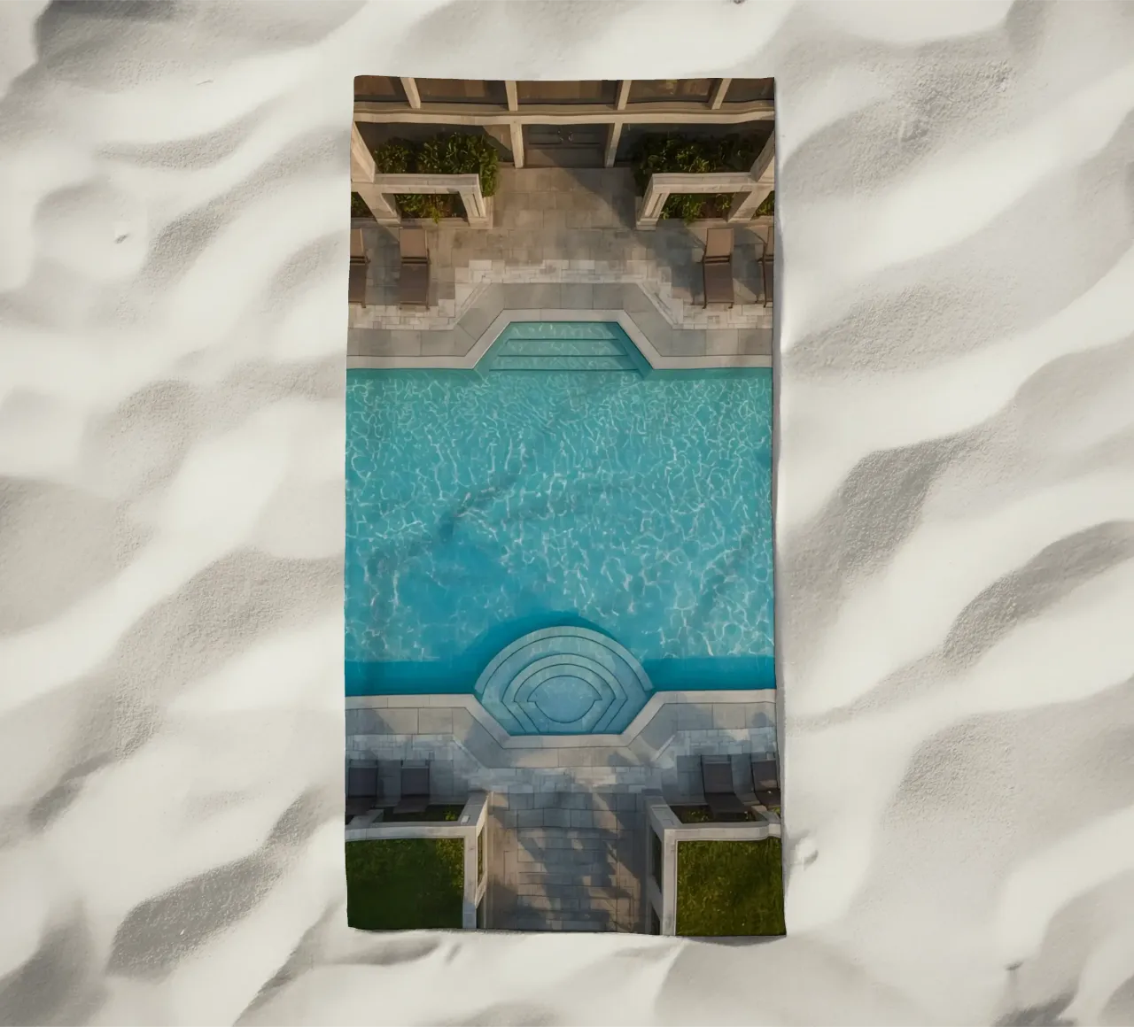 Overhead View of Rectangular Swimming Pool and Patio beach towel by DesignDoodle