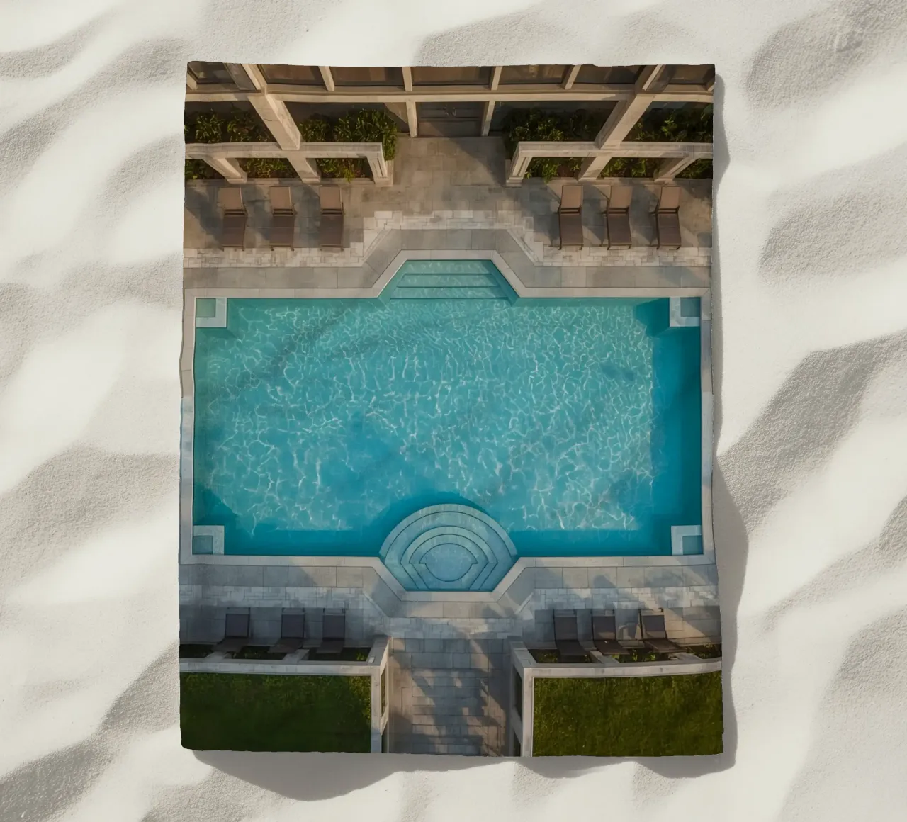 Overhead View of Rectangular Swimming Pool and Patio beach towel by DesignDoodle
