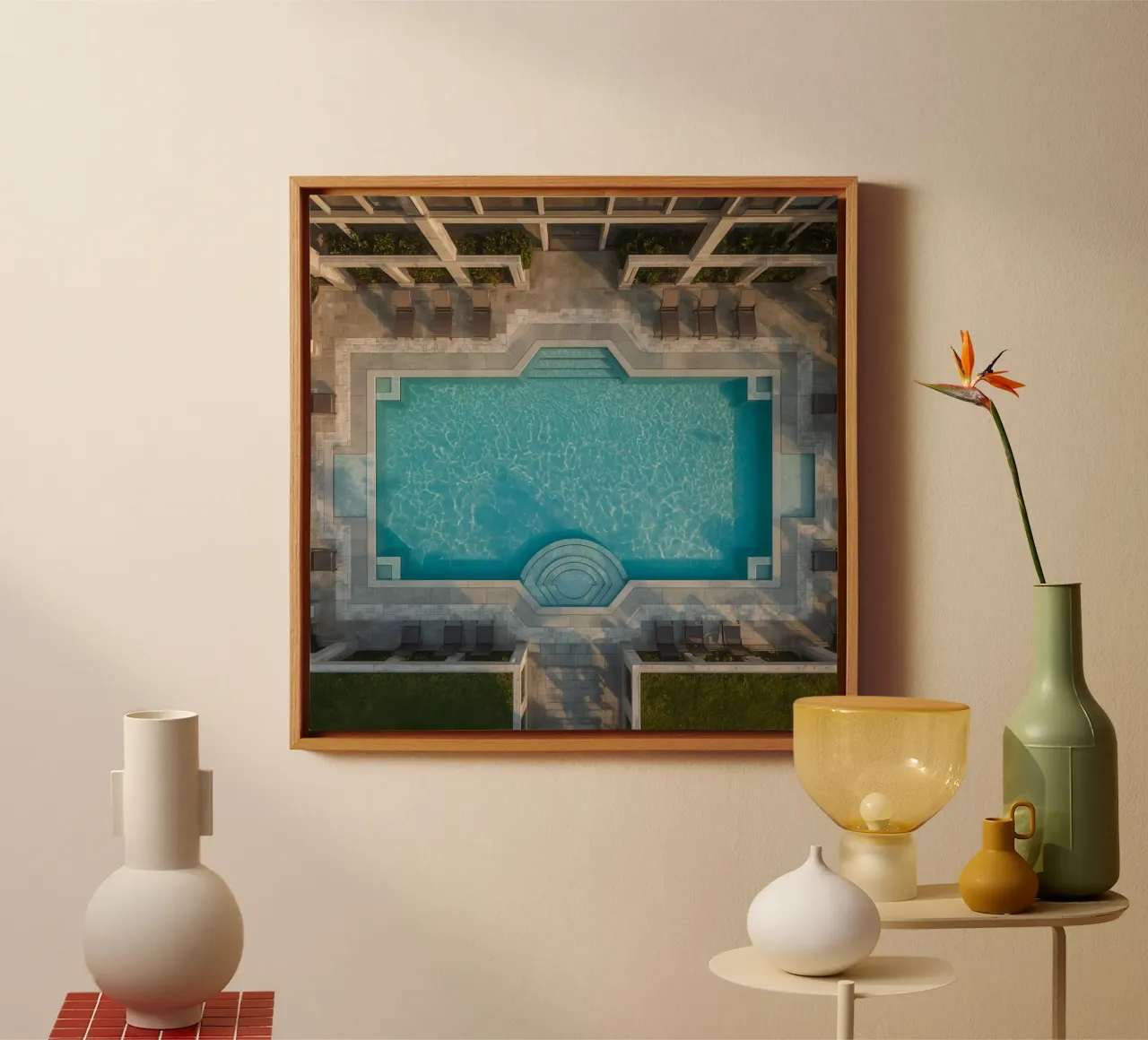 Overhead View of Rectangular Swimming Pool and Patio canvas with Floater frame by DesignDoodle