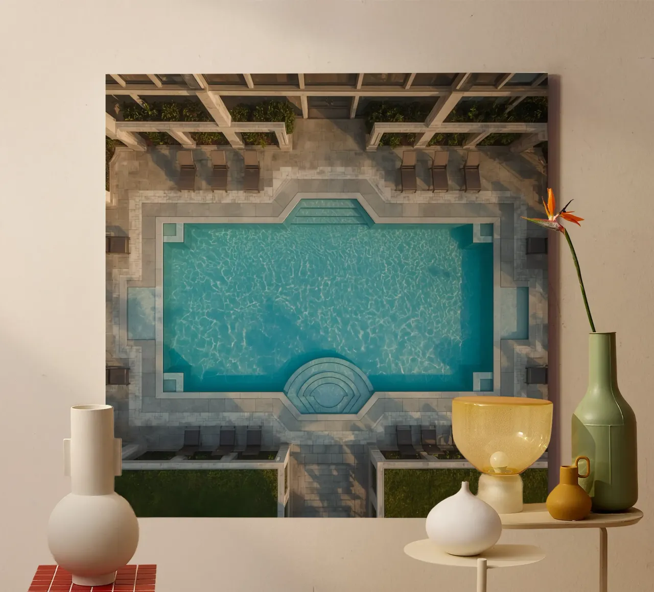 Overhead View of Rectangular Swimming Pool and Patio canvas with Floater frame by DesignDoodle