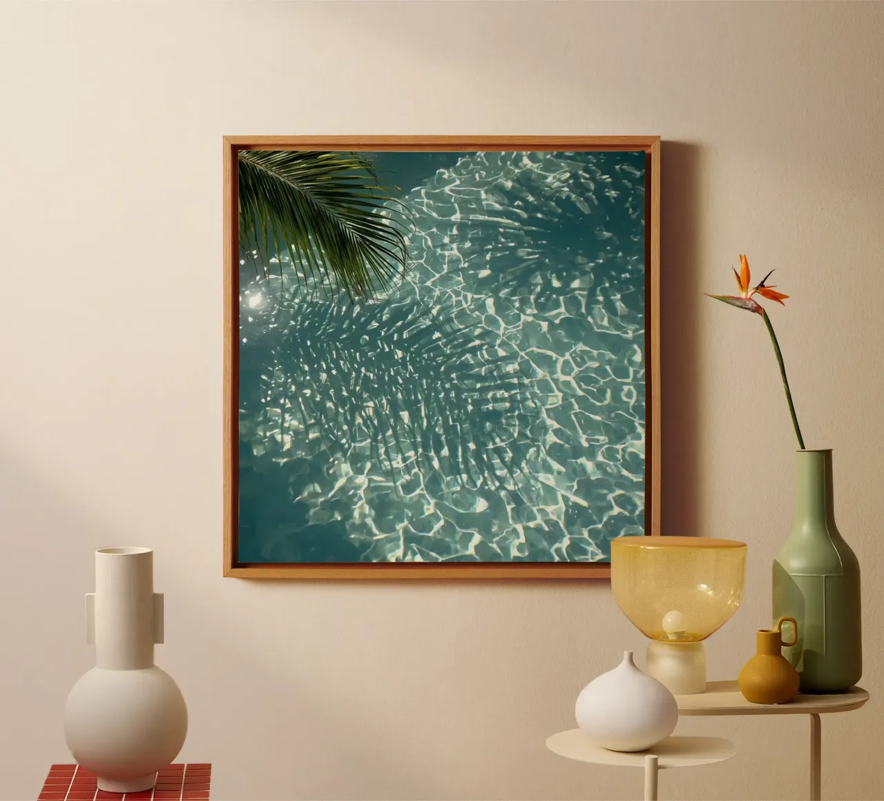 Palm Frond and Shadow Over Rippling Pool Water canvas with Floater frame by DesignDoodle