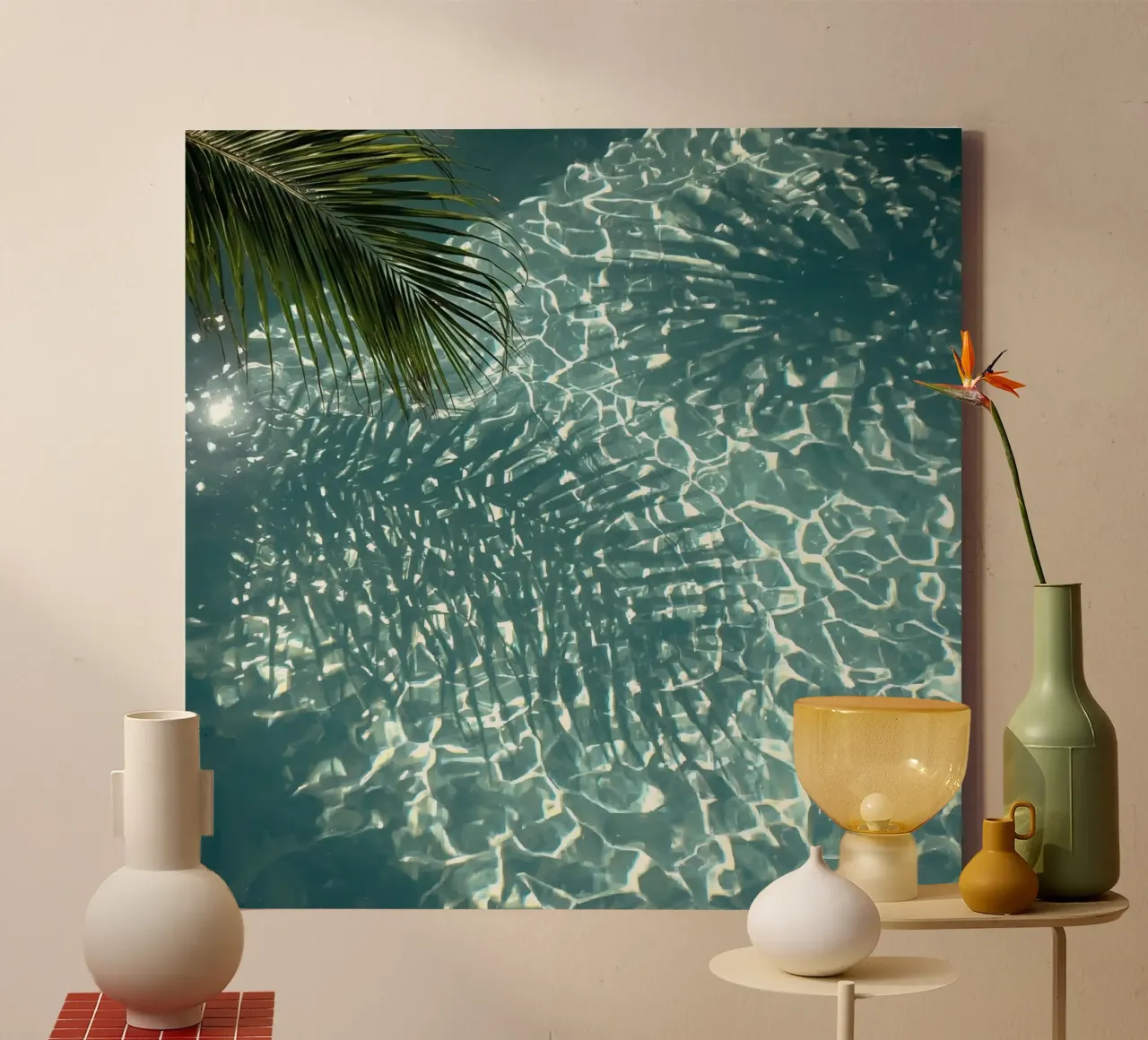 Palm Frond and Shadow Over Rippling Pool Water canvas with Floater frame by DesignDoodle