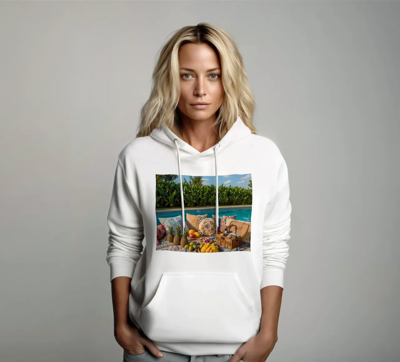 Picnic a bordo piscina con cuscini di frutta e cestino di vimini felpa con cappuccio da DesignDoodle
