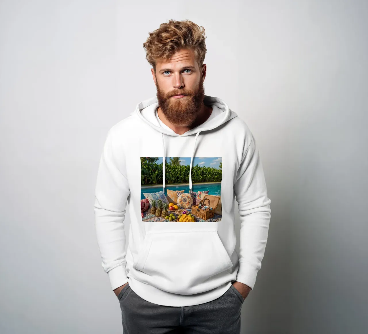 Picnic a bordo piscina con cuscini di frutta e cestino di vimini felpa con cappuccio da DesignDoodle