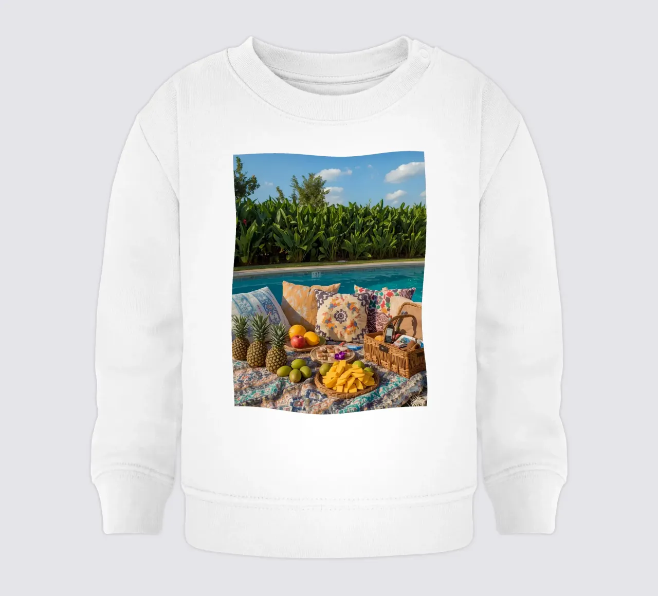 Picnic a bordo piscina con cuscini di frutta e cestino di vimini felpa neonato da DesignDoodle