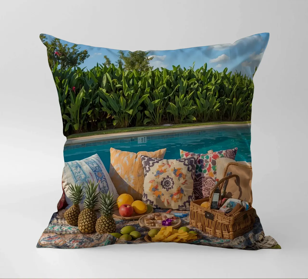 Picnic a bordo piscina con cuscini di frutta e cestino di vimini cuscino da DesignDoodle