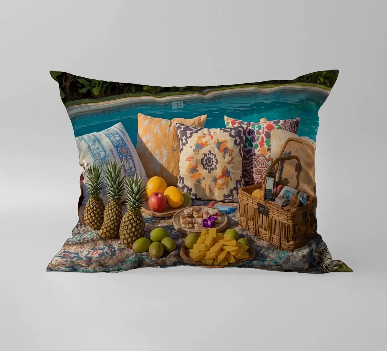 Picnic a bordo piscina con cuscini di frutta e cestino di vimini cuscino da DesignDoodle