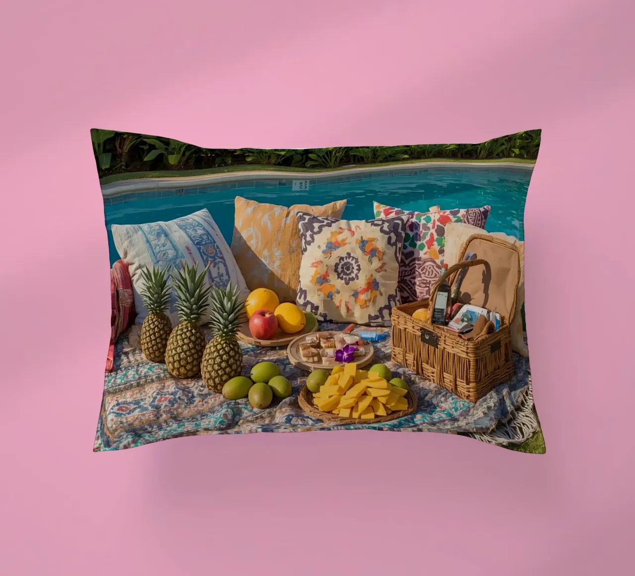 Picnic a bordo piscina con cuscini di frutta e cestino di vimini cuscino da DesignDoodle