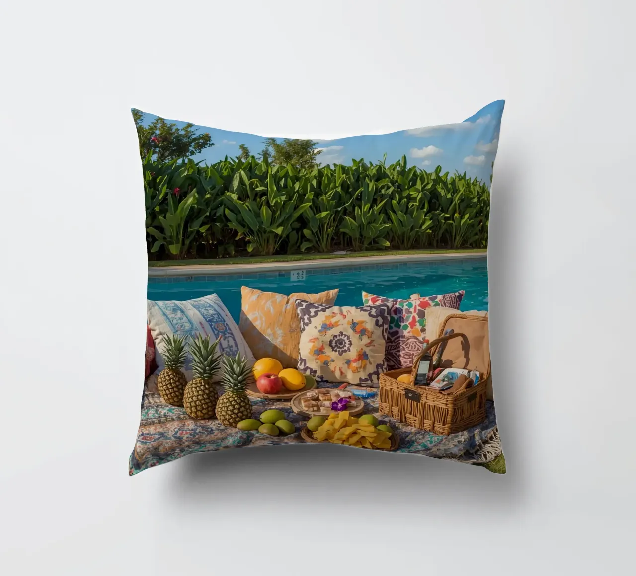 Picnic a bordo piscina con cuscini di frutta e cestino di vimini cuscino da DesignDoodle