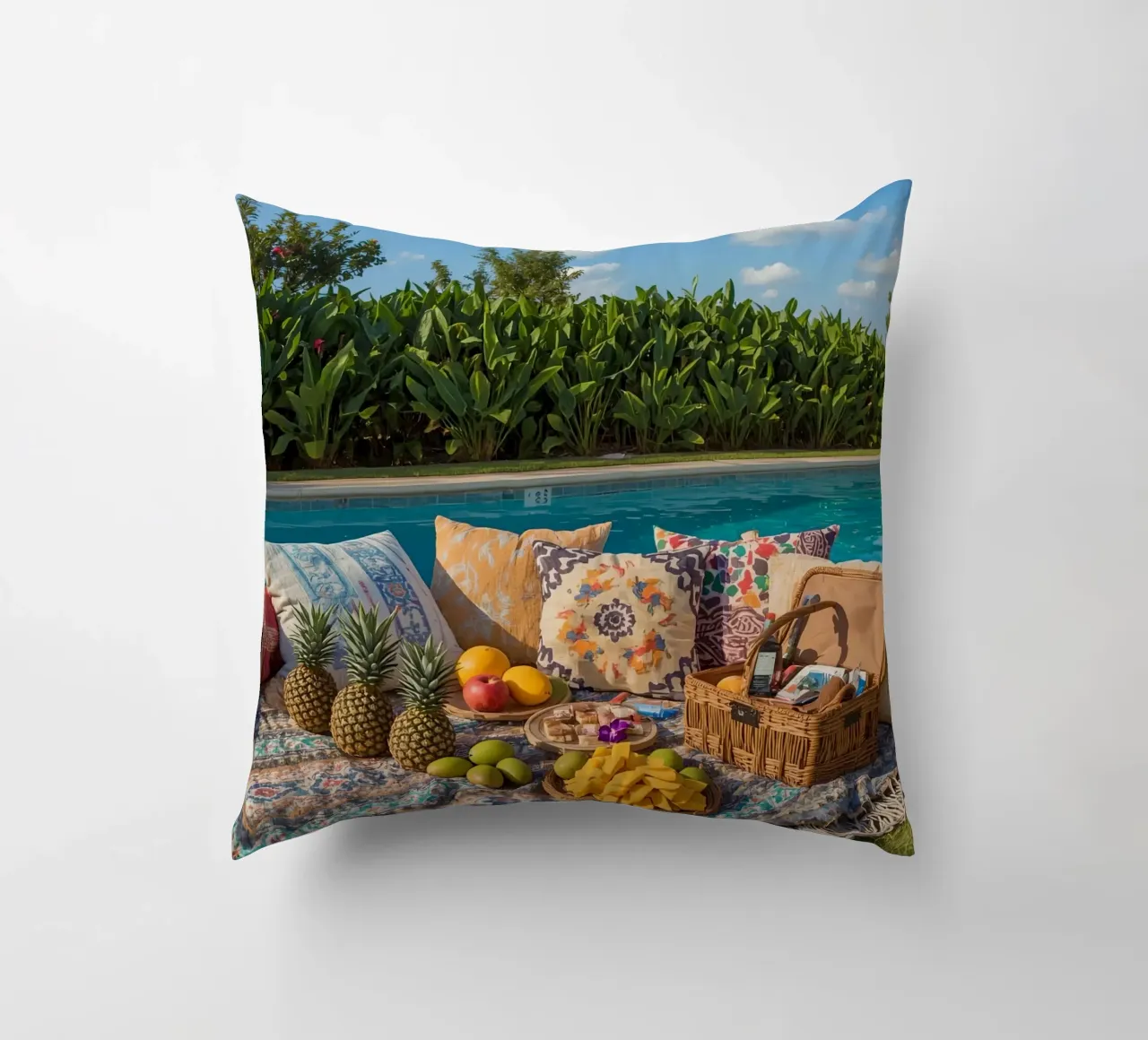 Picnic a bordo piscina con cuscini di frutta e cestino di vimini cuscino da DesignDoodle