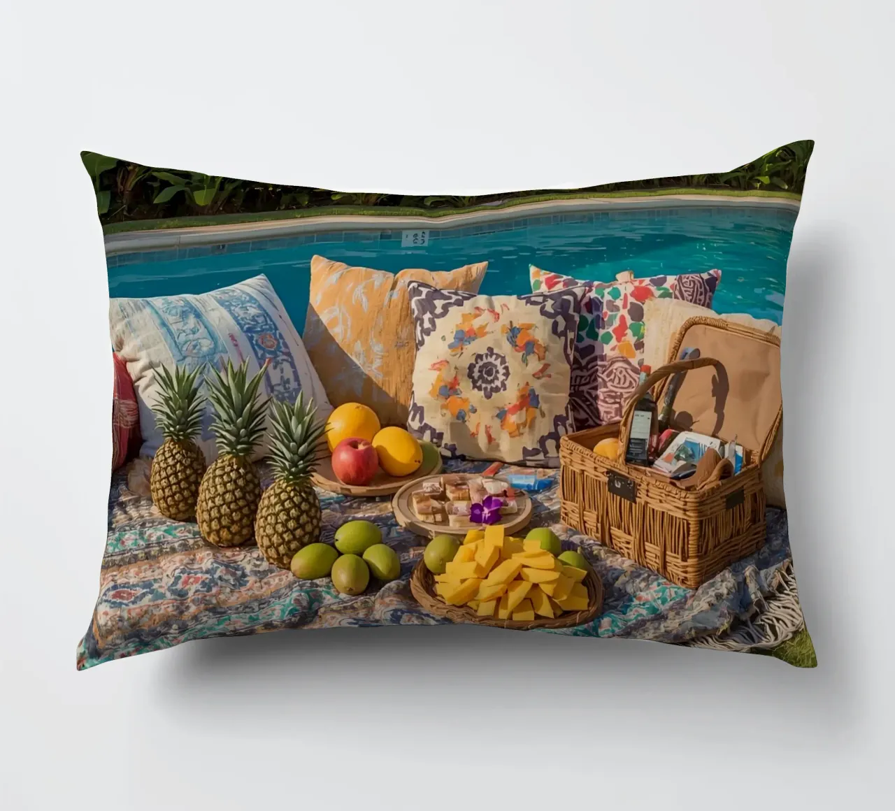 Picnic a bordo piscina con cuscini di frutta e cestino di vimini cuscino da DesignDoodle