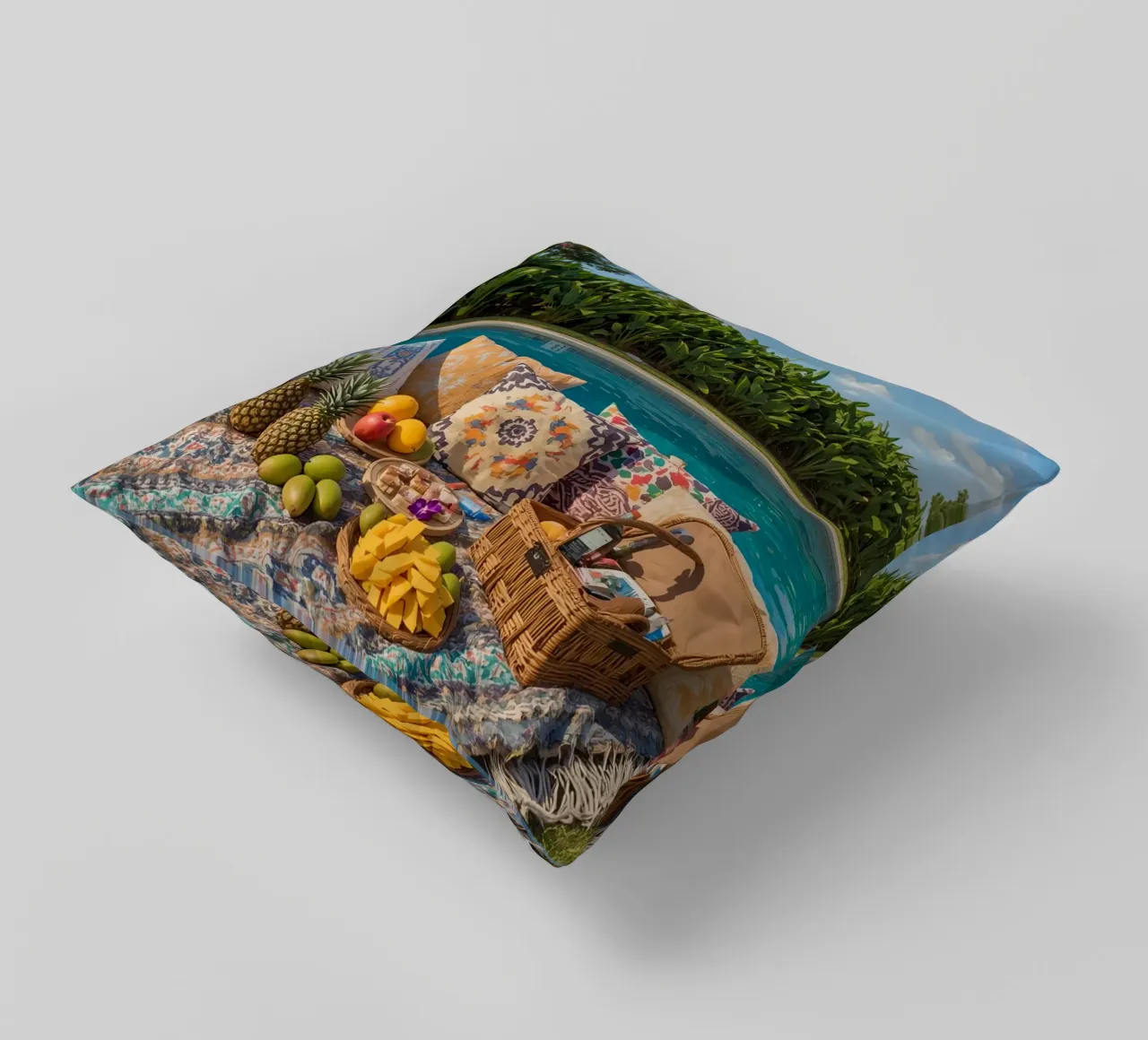 Picnic a bordo piscina con cuscini di frutta e cestino di vimini cuscino da DesignDoodle