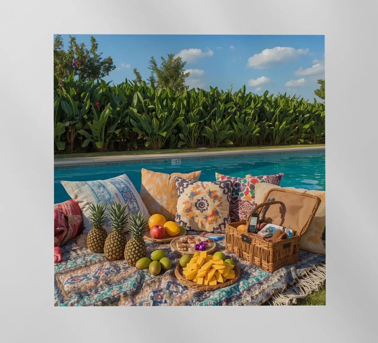 Picnic a bordo piscina con cuscini di frutta e cestino di vimini pellicola backlit da DesignDoodle