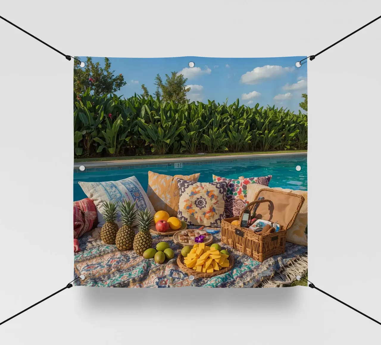 Picnic a bordo piscina con cuscini di frutta e cestino di vimini telo in pvc da DesignDoodle