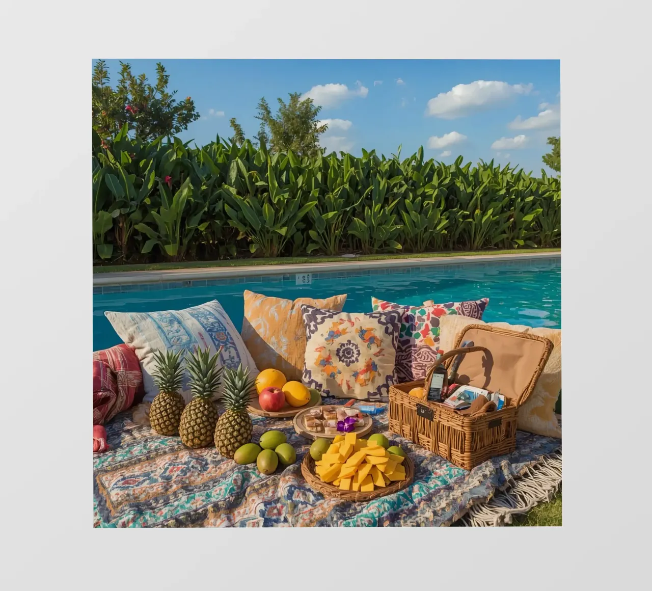 Picnic a bordo piscina con cuscini di frutta e cestino di vimini telo in pvc da DesignDoodle