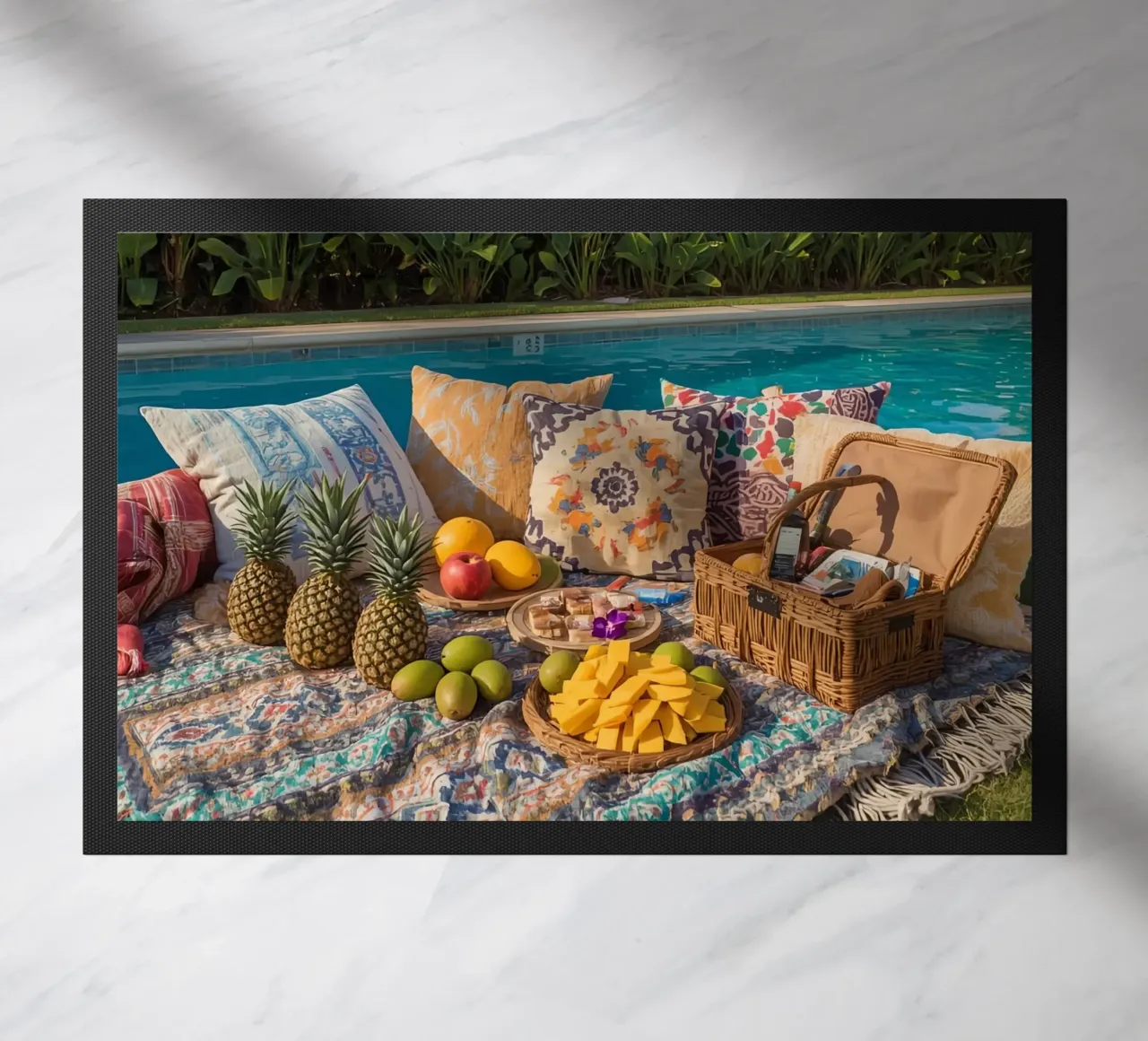 Picnic a bordo piscina con cuscini di frutta e cestino di vimini zerbino da DesignDoodle
