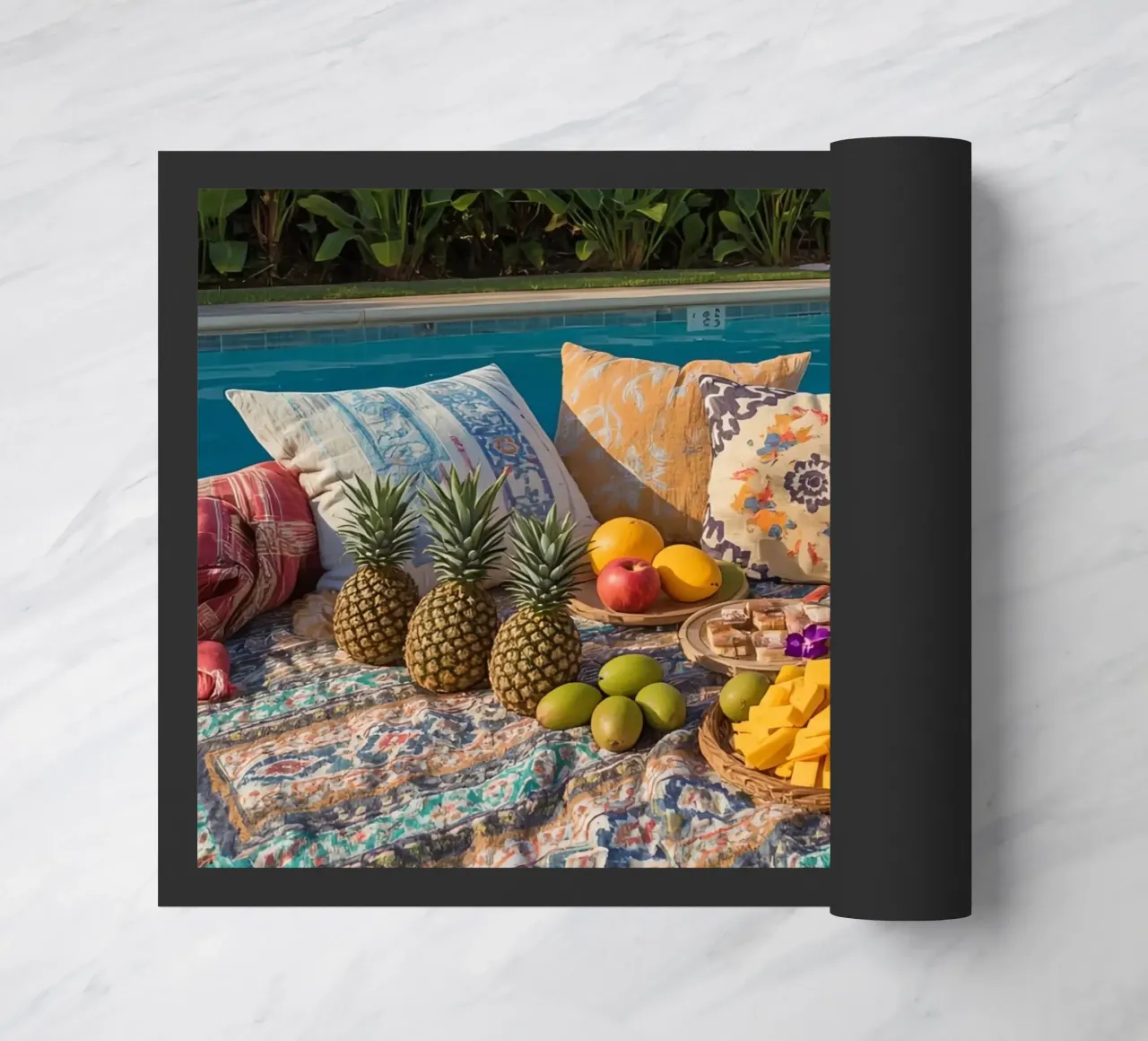 Picnic a bordo piscina con cuscini di frutta e cestino di vimini zerbino da DesignDoodle