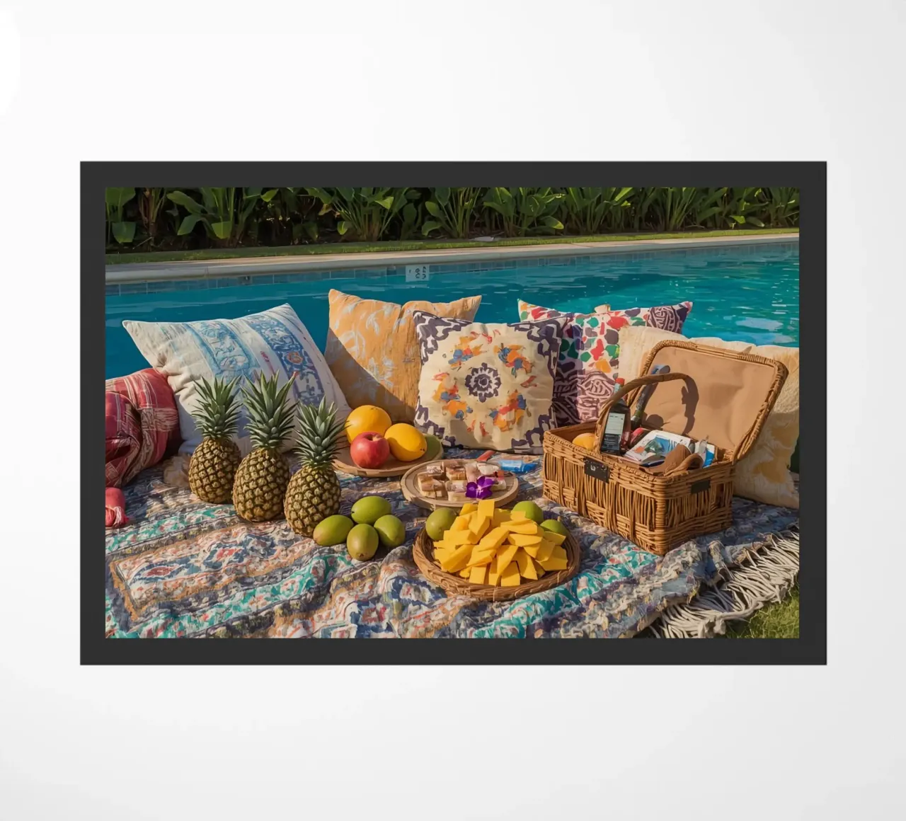 Picnic a bordo piscina con cuscini di frutta e cestino di vimini zerbino da DesignDoodle