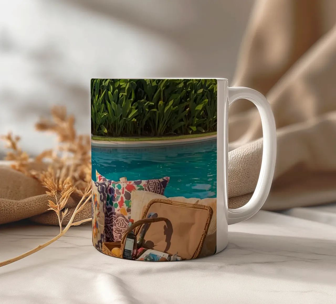 Picnic a bordo piscina con cuscini di frutta e cestino di vimini tazza in ceramica da DesignDoodle