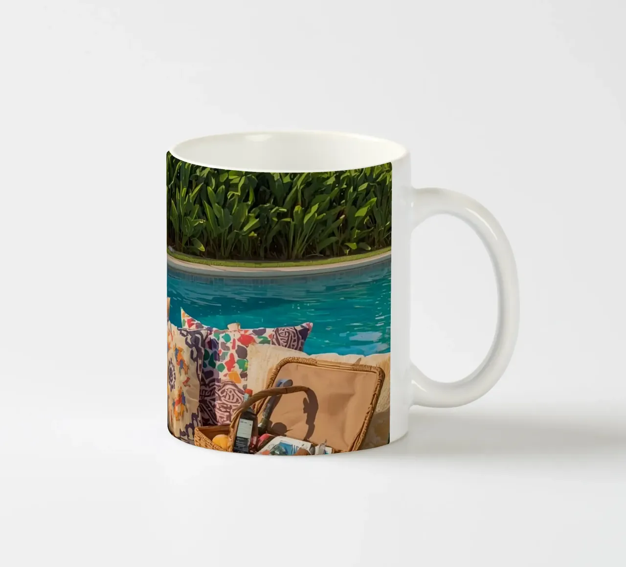 Picnic a bordo piscina con cuscini di frutta e cestino di vimini tazza in ceramica da DesignDoodle