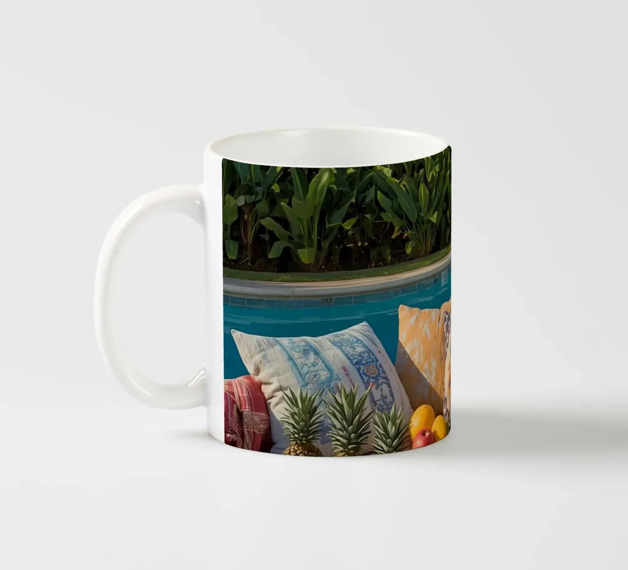Picnic a bordo piscina con cuscini di frutta e cestino di vimini tazza in ceramica da DesignDoodle
