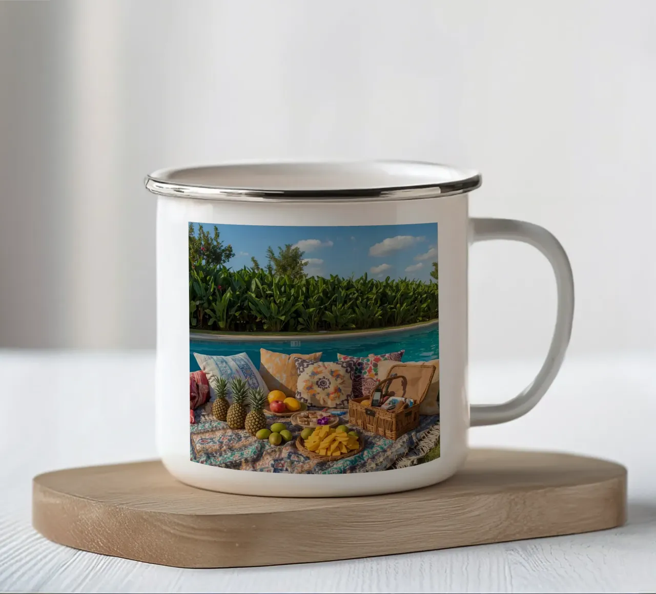 Picnic a bordo piscina con cuscini di frutta e cestino di vimini tazza in smalto da DesignDoodle