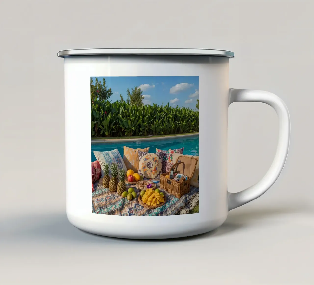 Picnic a bordo piscina con cuscini di frutta e cestino di vimini tazza in smalto da DesignDoodle