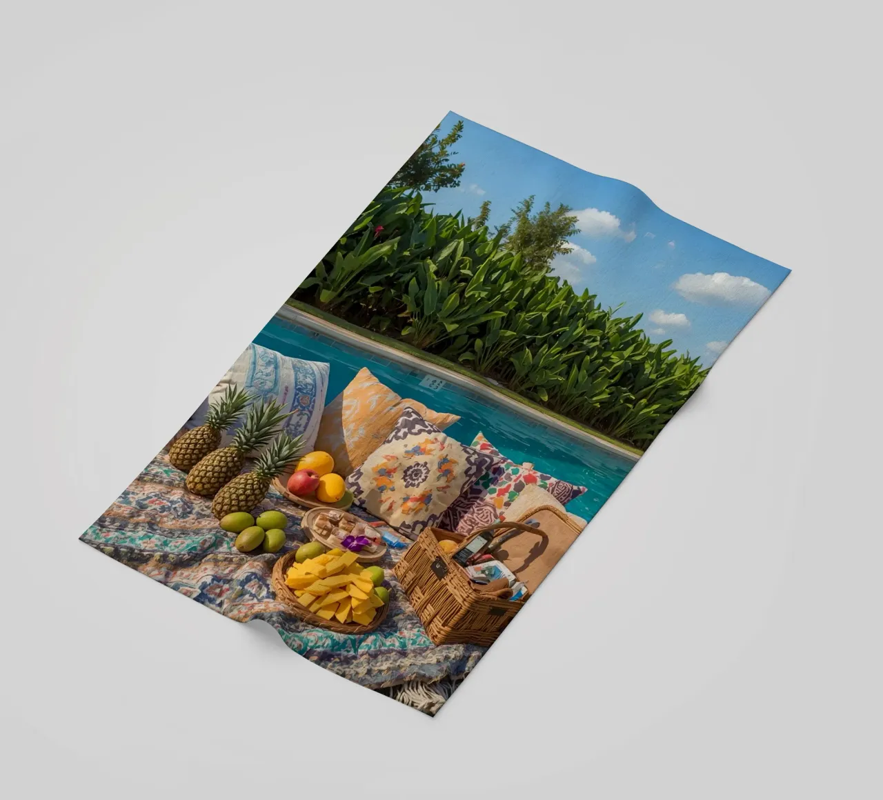 Picnic a bordo piscina con cuscini di frutta e cestino di vimini telo mare da DesignDoodle