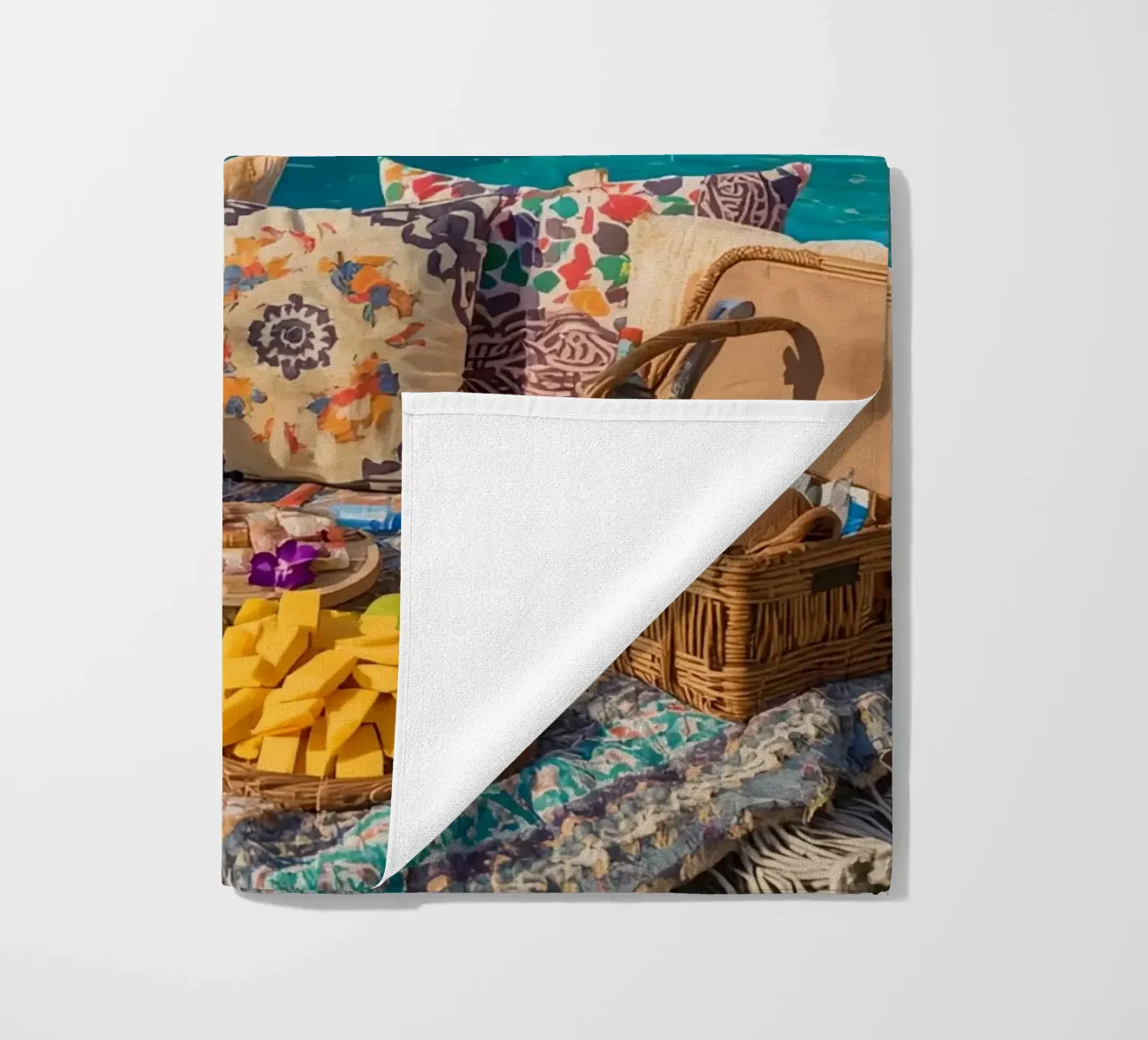 Picnic a bordo piscina con cuscini di frutta e cestino di vimini telo mare da DesignDoodle