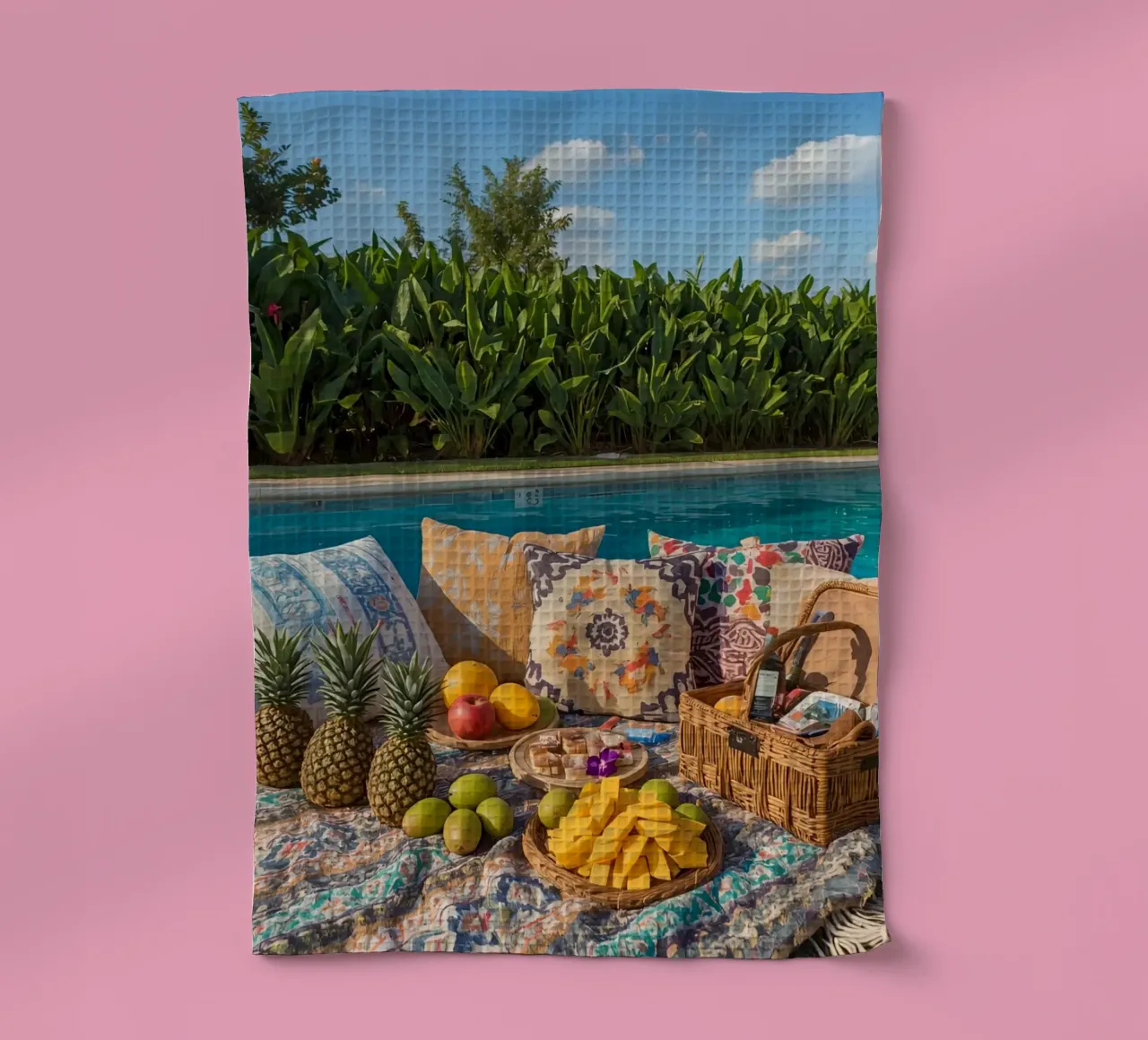 Picnic a bordo piscina con cuscini di frutta e cestino di vimini canovaccio da cucina da DesignDoodle
