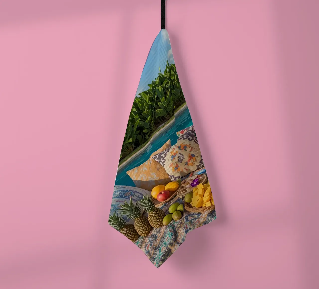 Picnic a bordo piscina con cuscini di frutta e cestino di vimini canovaccio da cucina da DesignDoodle