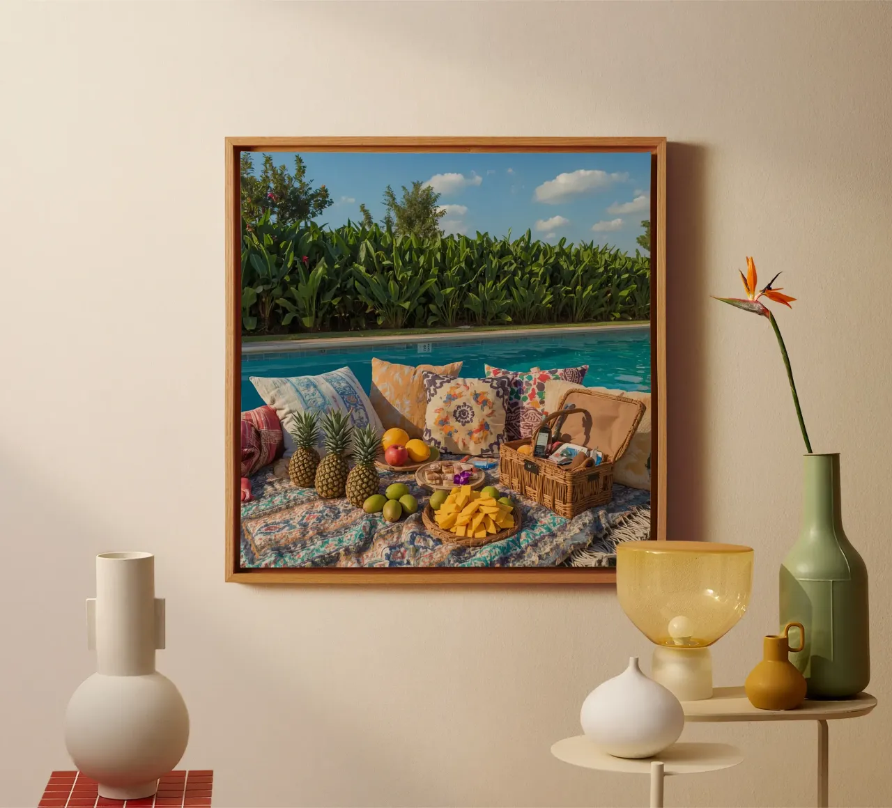 Picnic a bordo piscina con cuscini di frutta e cestino di vimini tela con Cornice a cassetta da DesignDoodle